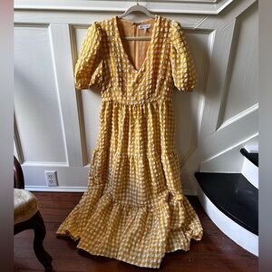 Jacque the Label yellow gingham tiered midi dress size M